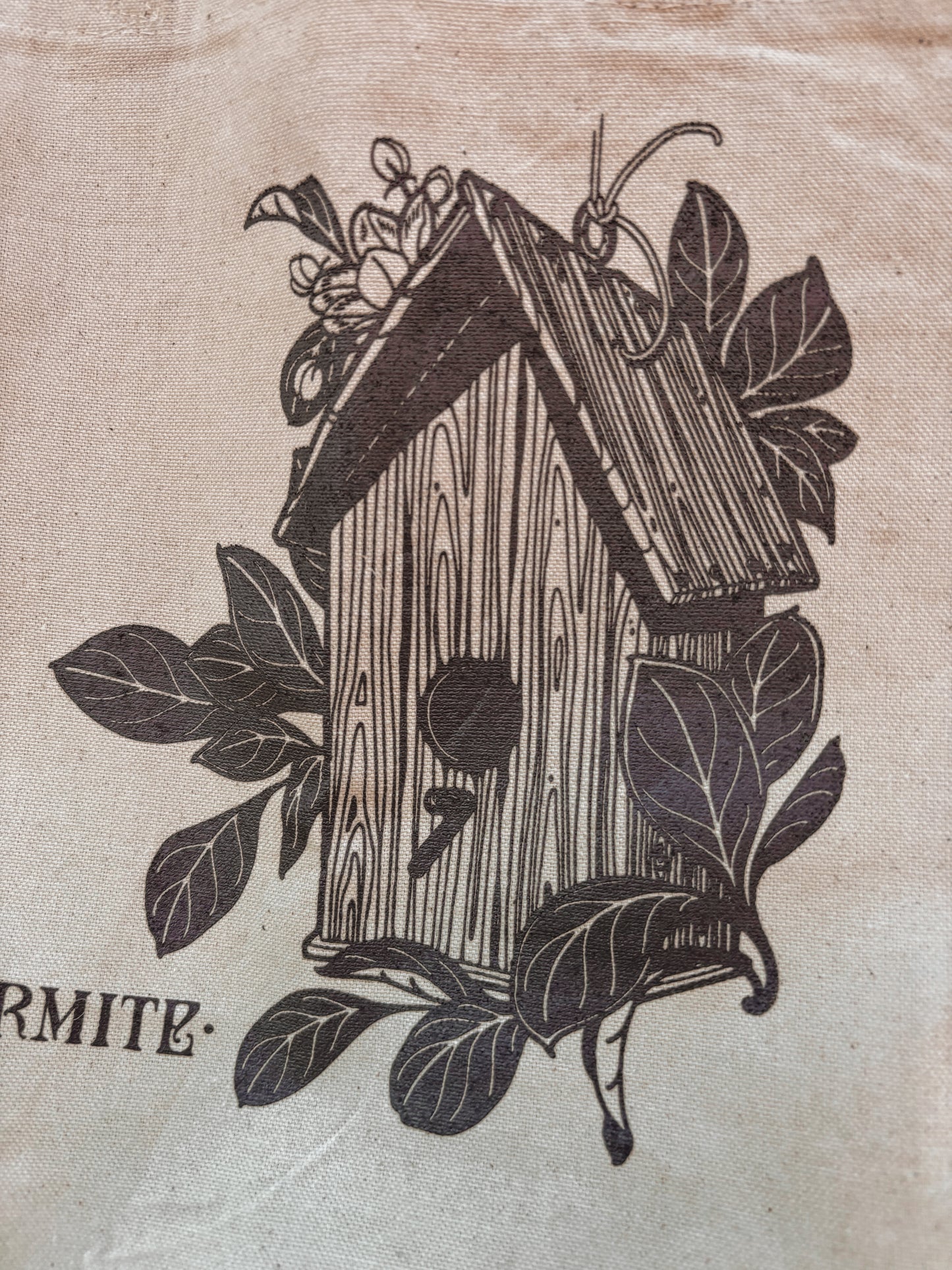 Bird house screen printed on a canvas tote bag