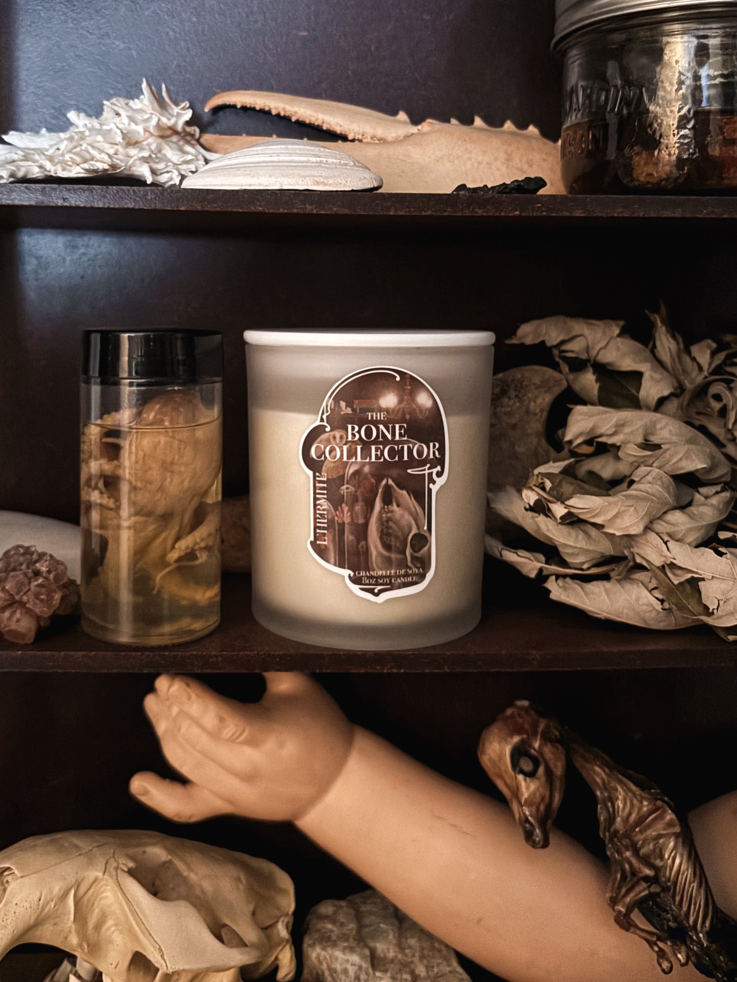 Candle labeled 'Bone Collector' on a shelf with various items including jars and dried plants.